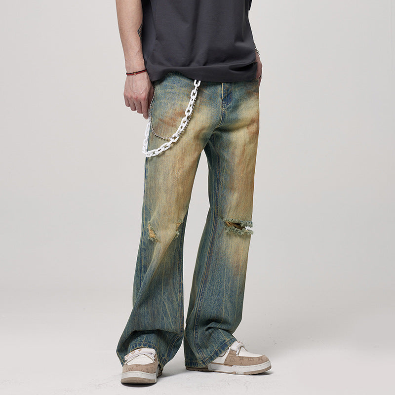 Men's Retro Washed Make Old Ripped Slightly Flared Jeans